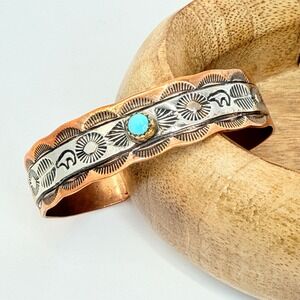 Statement Navajo Copper Sterling Silver Turquoise Bear Cuff Bracelet